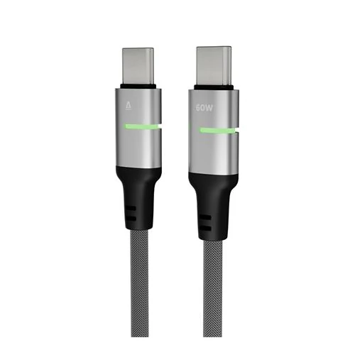 Töltőkábel, USB-C - USB-C, 60W, 2 m, AVAX "CB632 Steely LED", fekete