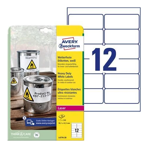 Etikett, 99,1x42,3 mm, poliészter, időjárásálló, AVERY ZWECKFORM, fehér, 240 etikett/csomag