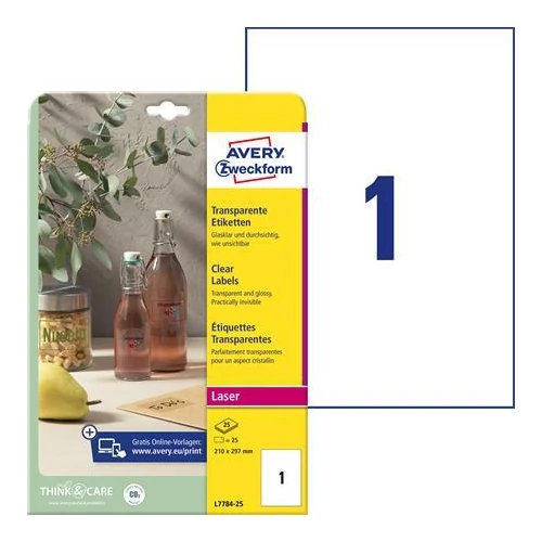 Etikett, 210x297 mm, poliészter, AVERY ZWECKFORM, átlátszó, 25 etikett/csomag