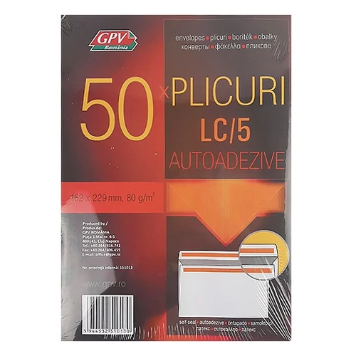 Boríték GPV LC/5 öntapadós bélésnyomott 162x229mm 50db/csomag