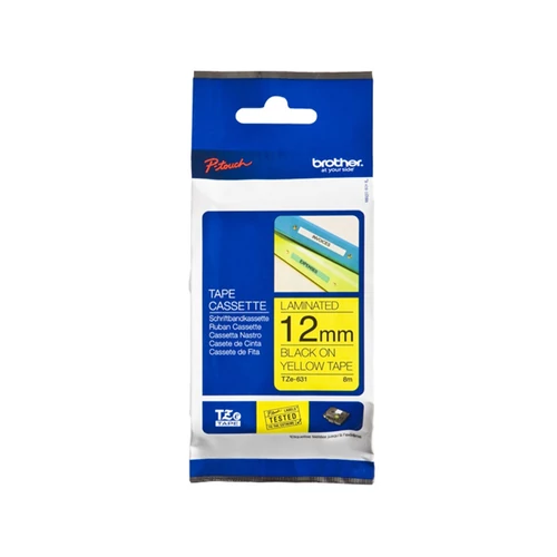 Feliratozógép szalag, 12 mm x 8 m, BROTHER, "TZe-631" sárga-fekete