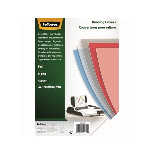 Előlap, A4, 240mikron, FELLOWES, víztiszta, 100db/cs