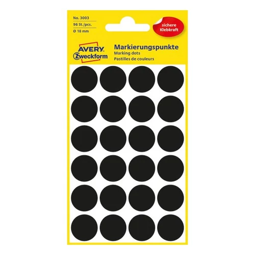 Etikett címke, o18mm, jelölésre, 24 címke/ív, 4 ív/doboz, Avery fekete