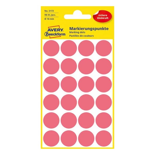 Etikett címke, o18mm, jelölésre, neon 24 címke/ív, 4 ív/doboz, Avery piros