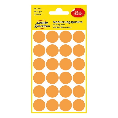 Etikett címke, o18mm, jelölésre, neon 24 címke/ív, 4 ív/doboz, Avery narancssárga