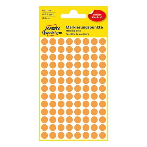 Etikett címke, o8mm, jelölésre, neon 104 címke/ív, 4 ív/doboz, Avery narancssárga