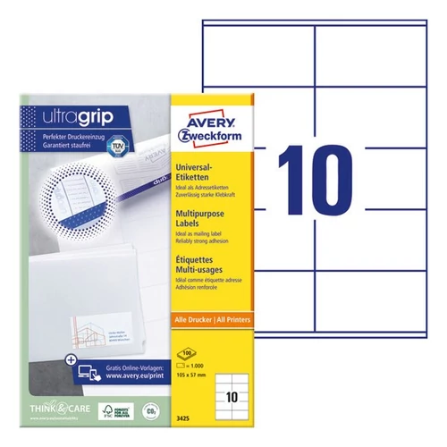 Etikett címke, 105 x57mm, univerzális, 10 címke/ív, 100 ív/doboz, Avery fehér