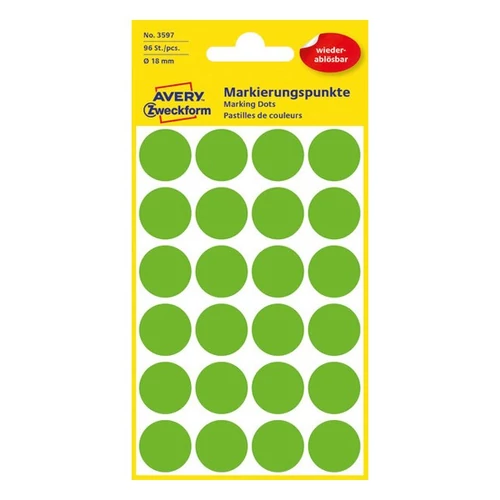 Etikett címke, O18mm, visszaszedhető, 24 címke/ív, 4 ív/doboz, Avery fű zöld