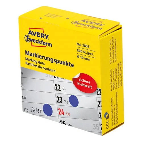 Etikett címke, o10mm, tekercses jelölőpont adagoló dobozban 800 címke/doboz, Avery kék