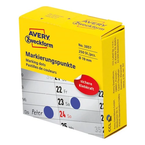 Etikett címke, o19mm, tekercses jelölőpont adagoló dobozban 250 címke/doboz, Avery kék