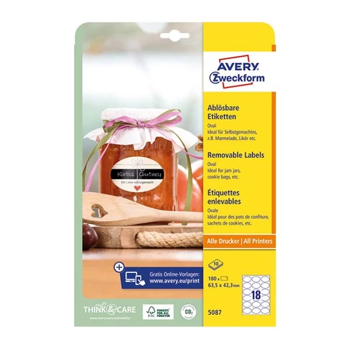 Etikett AVERY L5087 63,5x42,3 mm ovális visszaszedhető 10 ív/csomag