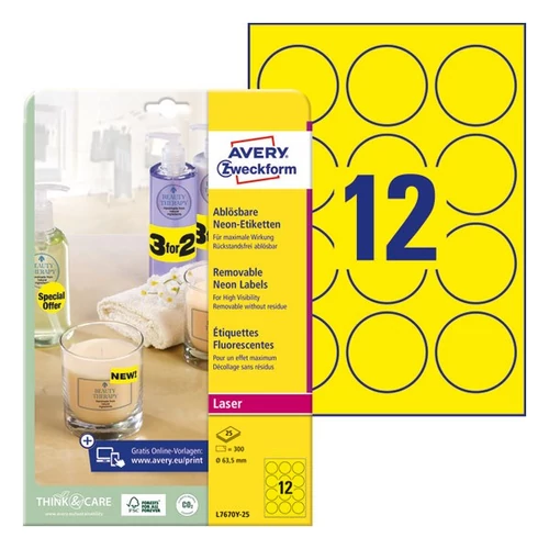 Etikett címke, O63,5mm, visszaszedhető, neon 12 címke/ív, 25 ív/doboz, Avery sárga