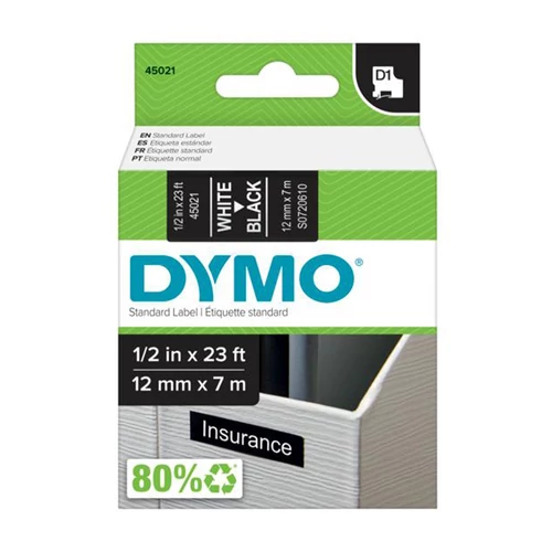 Feliratozógép szalag, 12 mm x 7 m, DYMO "D1", fekete-fehér