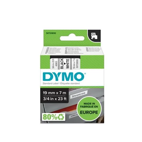 Feliratozógép szalag, 19 mm x 7 m, DYMO "D1", fehér-fekete