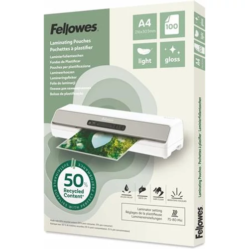 Meleglamináló fólia, 80 mikron, A4, fényes, 100 db, FELLOWES "Light"
