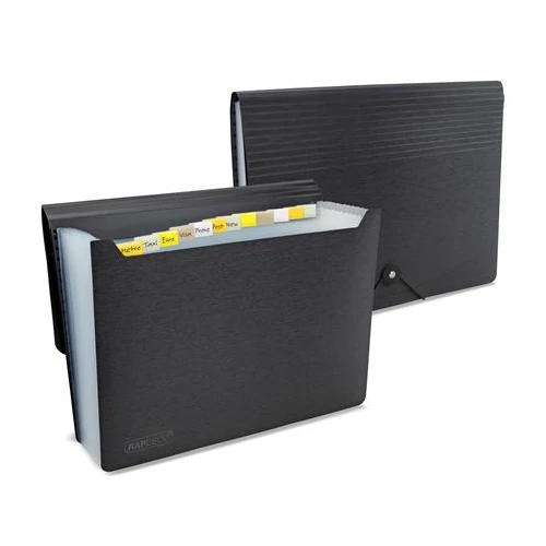Harmonikamappa, A4, PP, 13 rekeszes, RAPESCO "Eco GRS Recycled", matt fekete