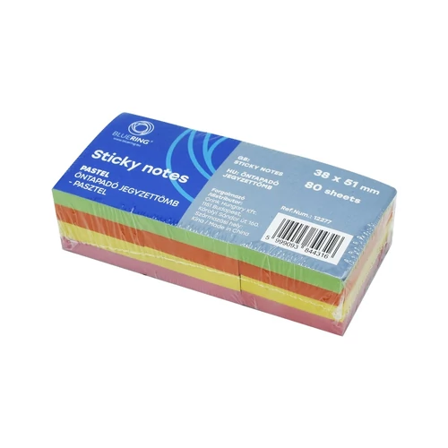 Jegyzettömb öntapadó, 38x51mm, 100lap, 12 tömb/csomag, Bluering® , pasztell