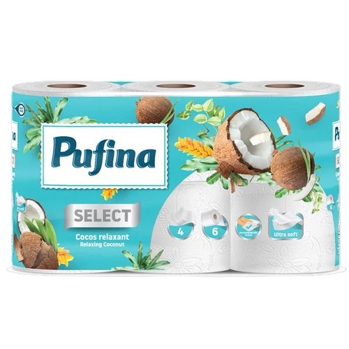 Toalettpapír, 4 rétegű, kistekercses, 6 tekercs, PUFINA "Relaxing Coconut", kókusz illattal