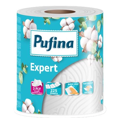 Háztartási papírtörlő, 3 rétegű, 225 lap, 1 tekercses, PUFINA "Expert"