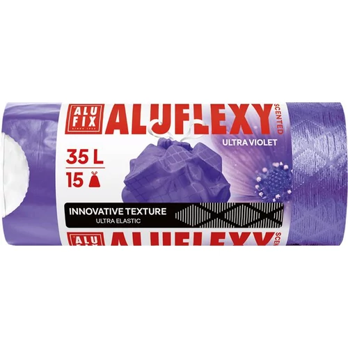 Szemeteszsák, zárószalagos, LDPE, illatosított, 35 l, 15 db, 53x53 cm, 20 µ, ALUFIX "Aluflexy", lila