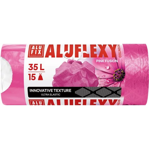 Szemeteszsák, zárószalagos, LDPE, illatosított, 35 l, 15 db, 53x53 cm, 20 µ, ALUFIX "Aluflexy", rózsaszín