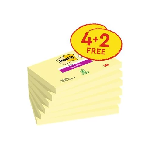 Öntapadó jegyzettömb, 76x127 mm, 4+2x90 lap, 3M POSTIT "Super Sticky", kanári sárga