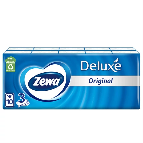 Papír zsebkendő, 3 rétegű, 10x10db, ZEWA "Deluxe", illatmentes, 100db/cs