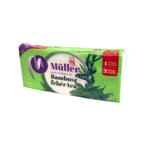Papírzsebkendő 4 rétegű 100 db/csomag, bambusz-fehér tea illatú, Müller
