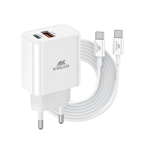 Hálózati töltő, 20W, USB-A és USB-C, USB-C, USB-C/USB-C töltőkábel, RIVACASE "PS4102", fehér