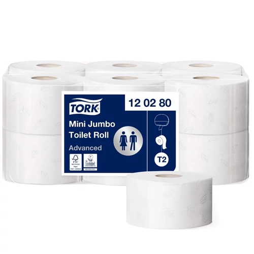 Toalettpapír, T2 rendszer, 12tek/krt, 2rétegű, 18,8cm átmérő, Advanced, TORK "Mini Jumbo", fehér