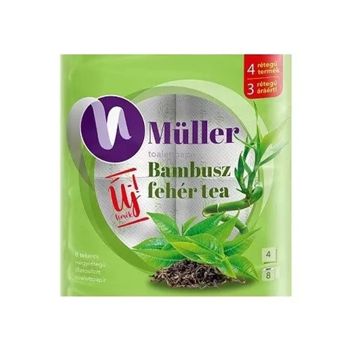 Toalettpapír 4 rétegű 8 tekercs/csomag, bambusz- fehér tea illatú, Müller