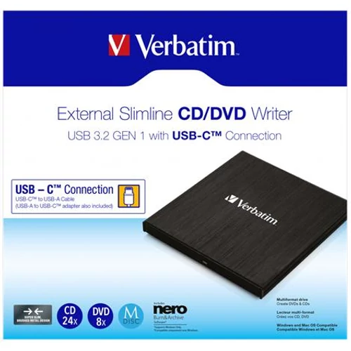 CD/DVD író, vékony, fém ház, USB 3.2 - USB-C, VERBATIM